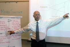 Dr. Merlin Switzer providing business consulting on strategic foresight with flipchart and whiteboard.